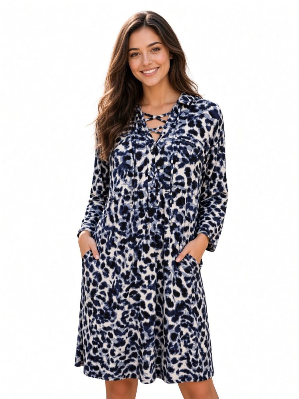 Navy White Leopard Print Hooded Lace Up Midi Dress 3/4 Sleeve